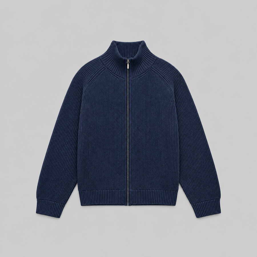 Essaint Knitted Zip Jacket in Dark Navy, front view