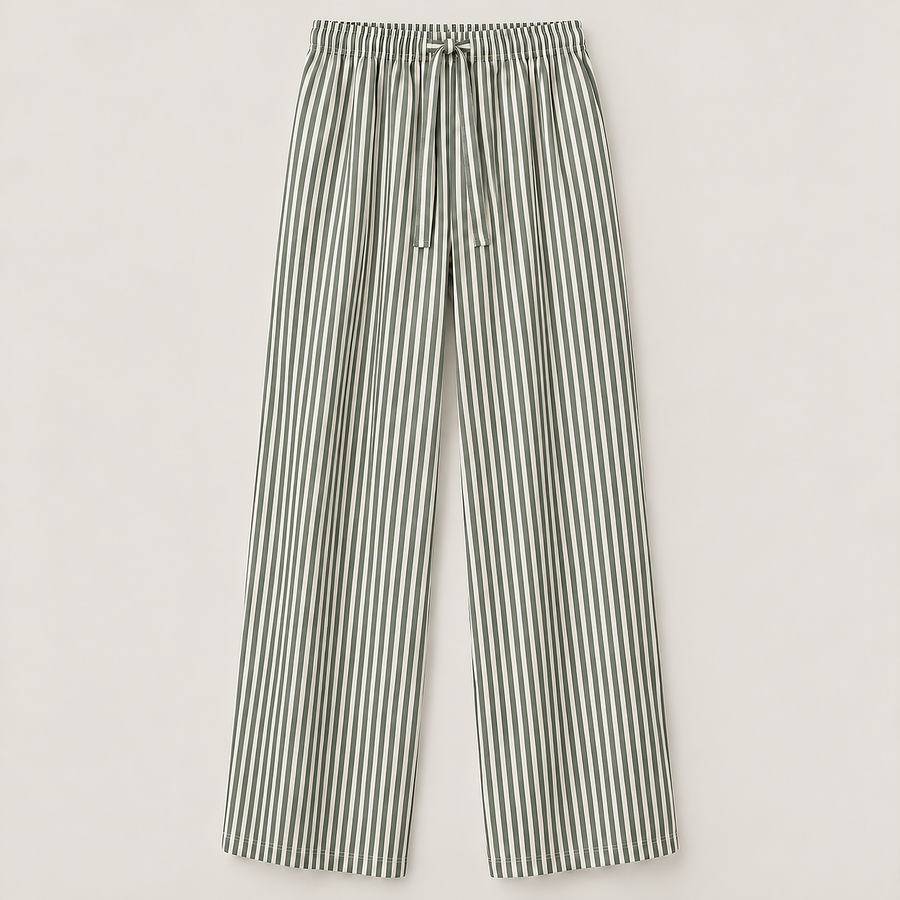 Essaint Monaco Striped pants in muted gray-olive and off-white, front view, 2508 by 2508 pixels