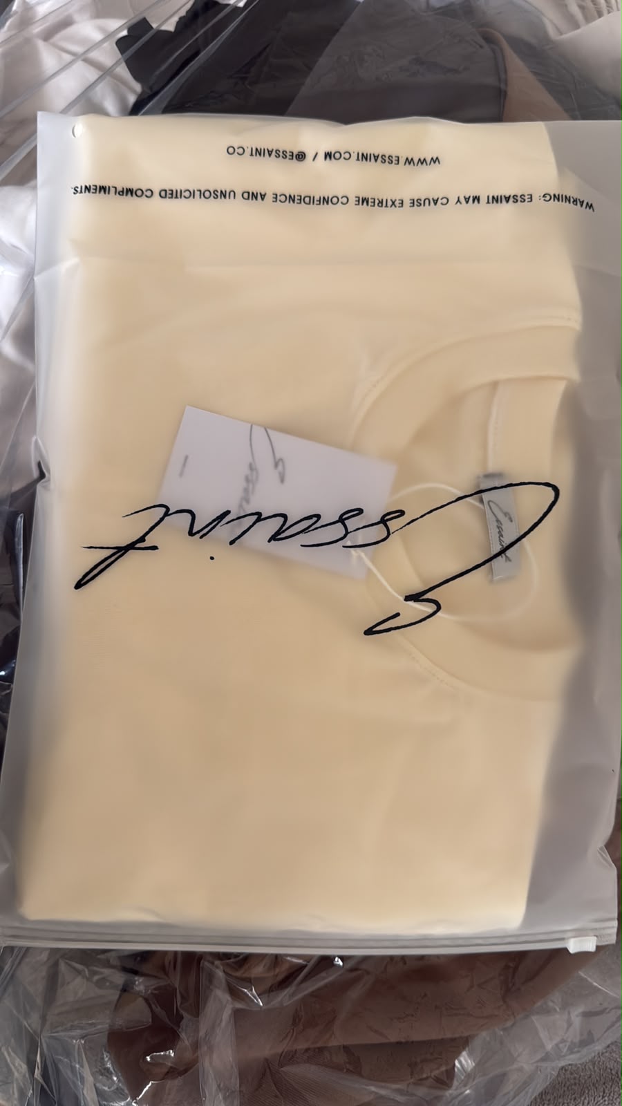 A folded tee in a signed Essaint garment bag