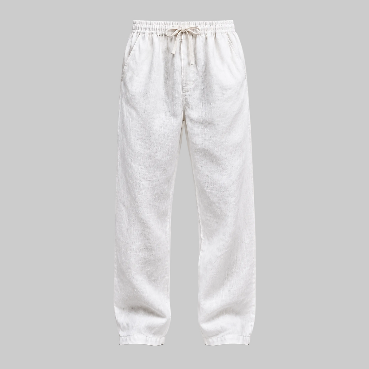Essaint white linen-blend pants, front product view, 2508 by 2508 pixels