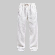 Essaint white linen-blend pants, front product view, 2508 by 2508 pixels
