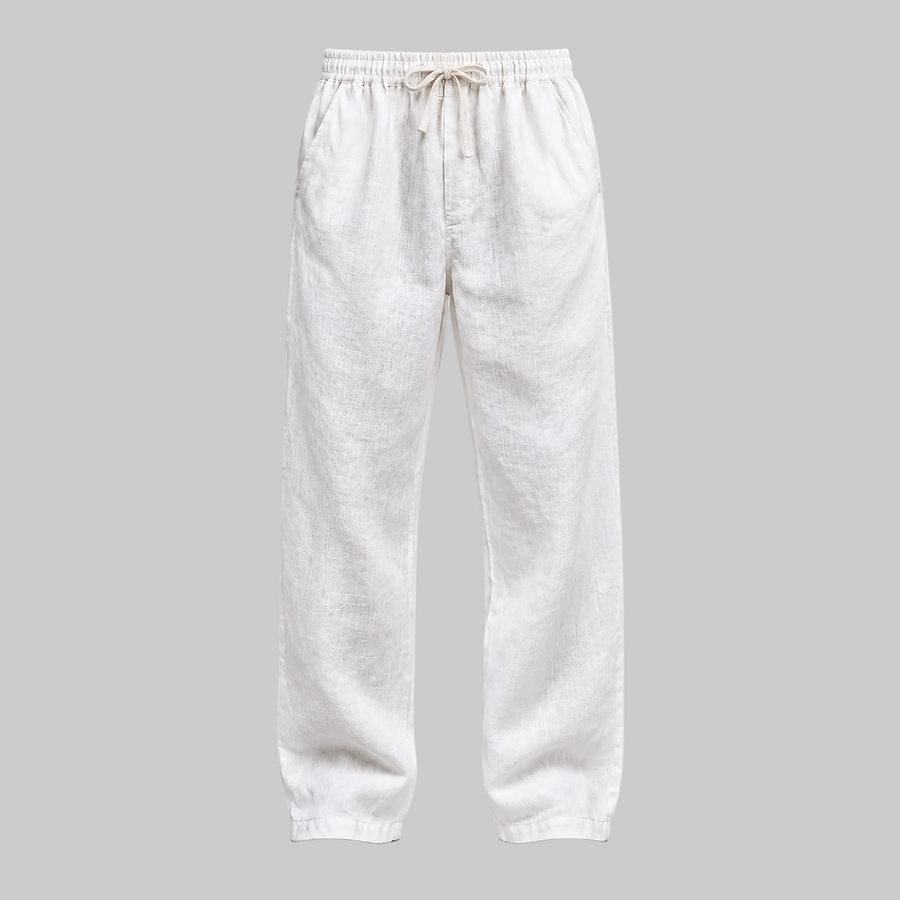 Essaint white linen-blend pants, front product view, 2508 by 2508 pixels