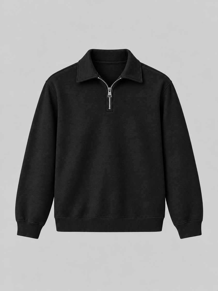 ESSAINT Quarter Zip in Black, front view