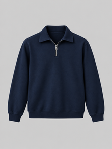 Dark navy Quarter Zip with folded collar and short zipper on light gray background