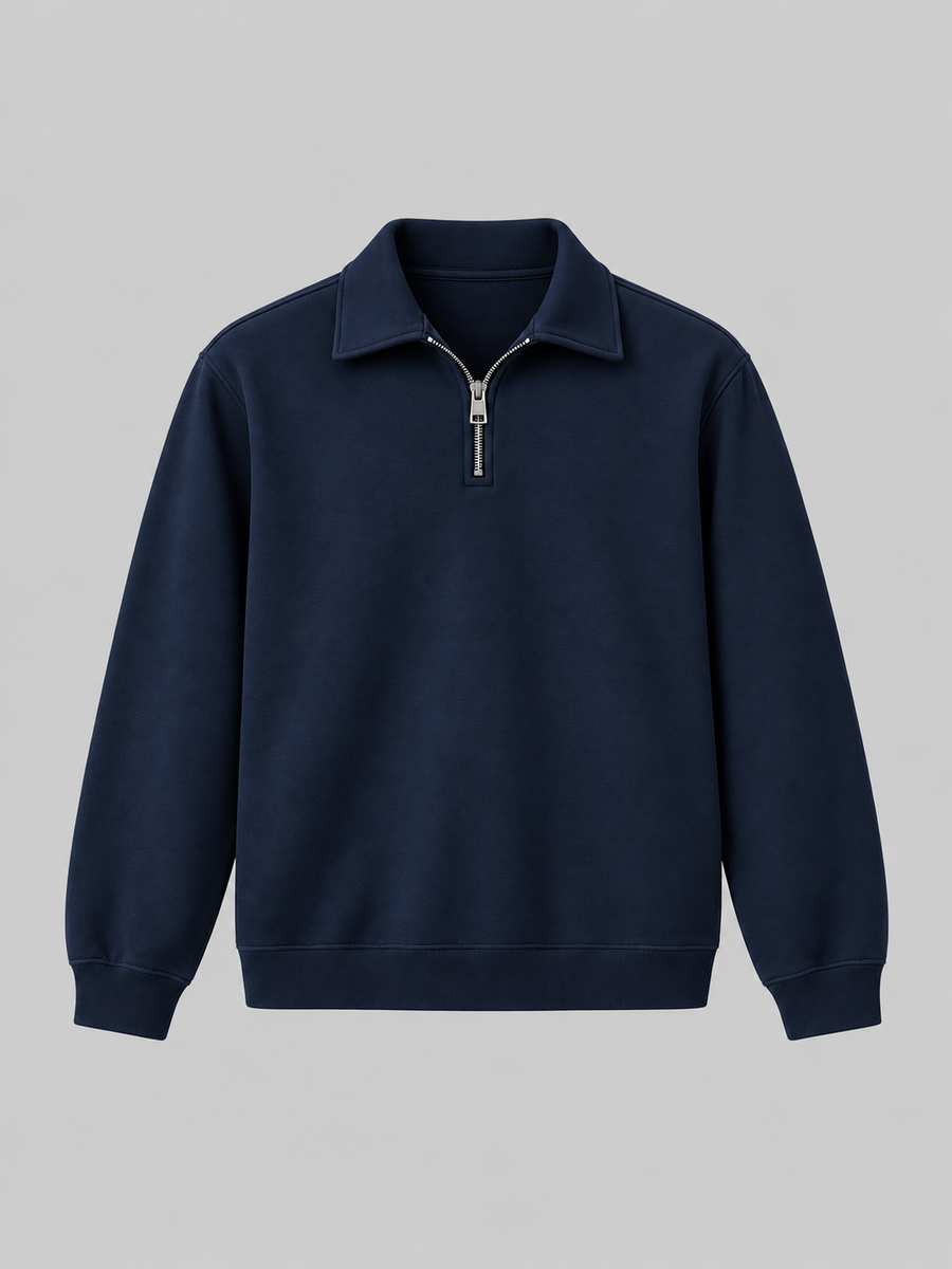Dark navy Quarter Zip with folded collar and short zipper on light gray background